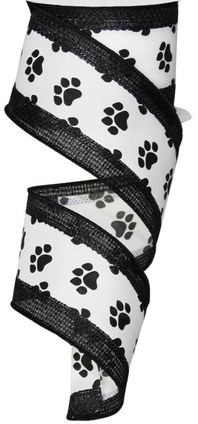 10 Yards - 2.5” Wired Black and White Paw Print Dog Ribbon