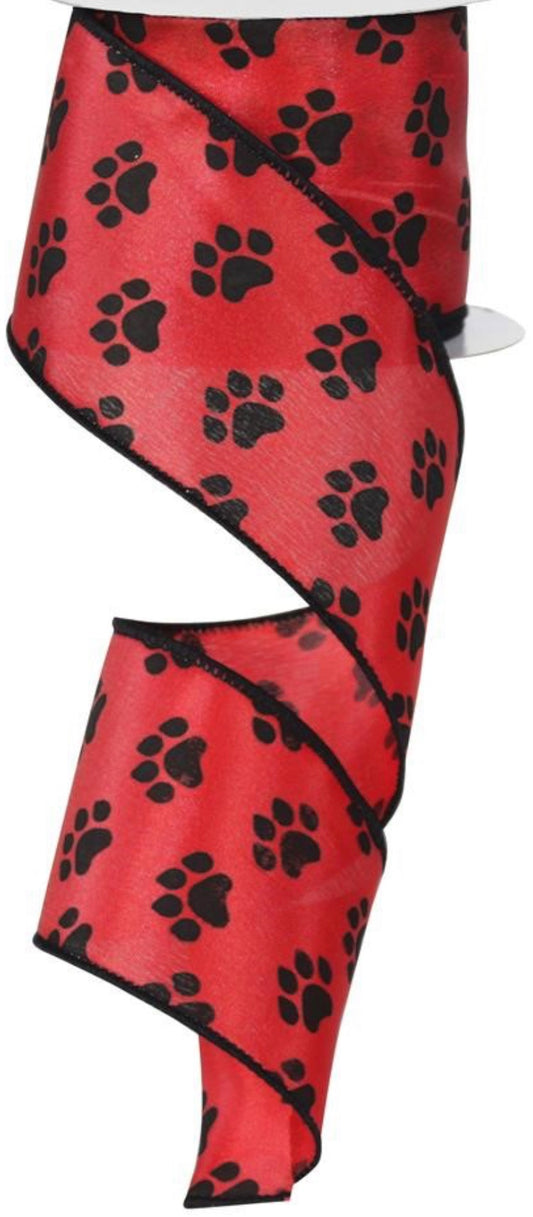 10 Yards - 2.5” Wired Red and Black Satin Paw Print Dog Ribbon