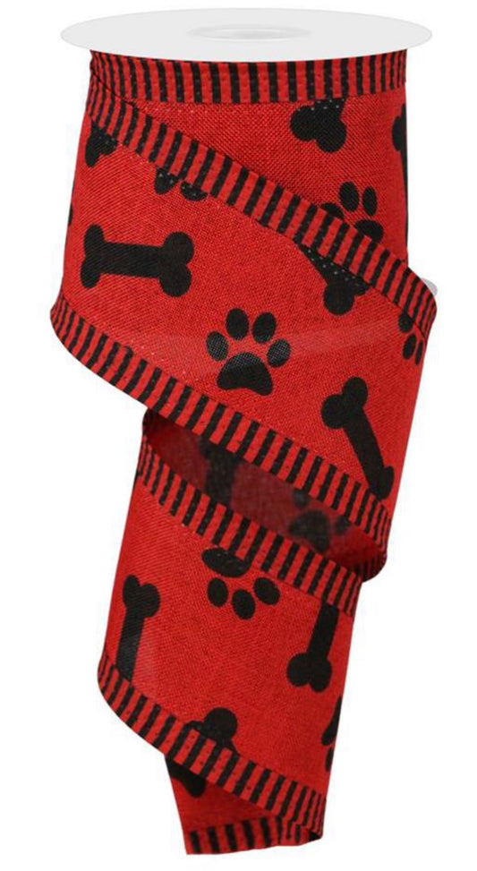 10 Yards - 2.5” Wired Red and Black Paw Print Dog Bone Ribbon with Stripe Edge