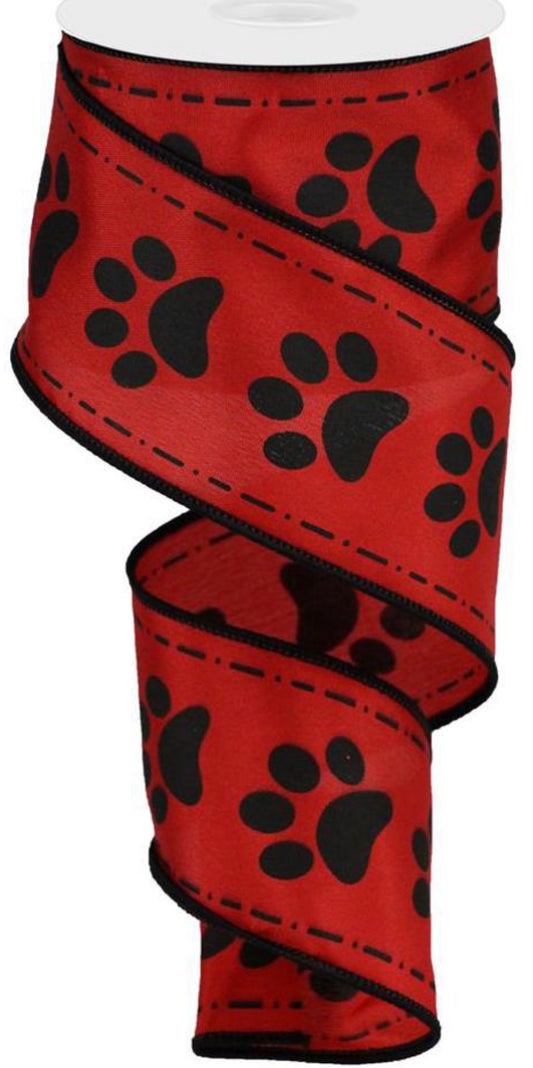 10 Yards - 2.5” Wired Red and Black Paw Print Satin Dog Ribbon
