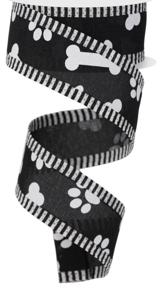 10 Yards - 1.5” Wired Black and White Paw Print Dog Bone Ribbon with Stripe Edge