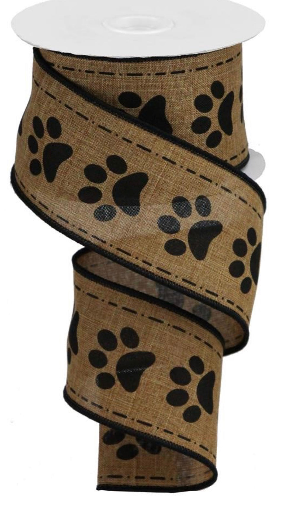 10 Yards - 2.5” Wired Dark Natural and Black Paw Print Ribbon