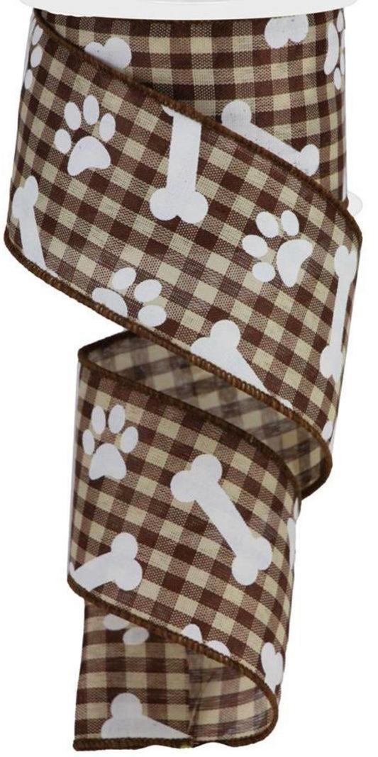 10 Yards - 2.5” Wired Brown and Cream Check Dog Bone Paw Print Dog Ribbon