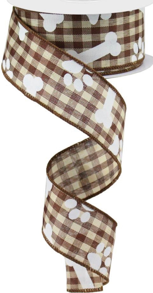 10 Yards - 1.5” Wired Brown and Cream Check Dog Bone Paw Print Dog Ribbon