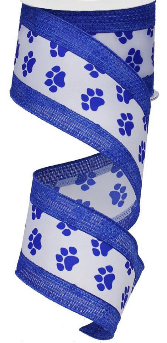 10 Yards - 2.5” Wired Blue and White Paw Print Dog Ribbon