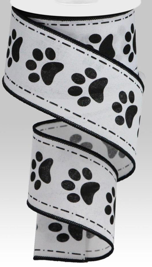 10 Yards - 2.5” Wired Black and White Paw Print Dog Ribbon