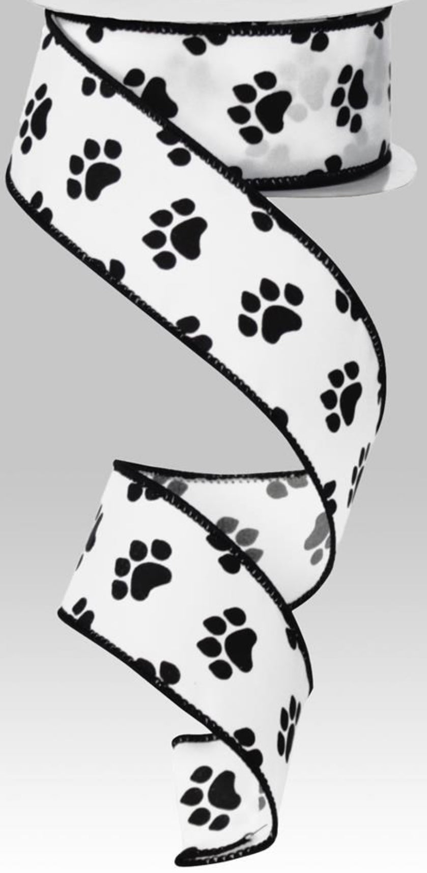 10 Yards - 1.5” Wired Black and White Paw Print Ribbon