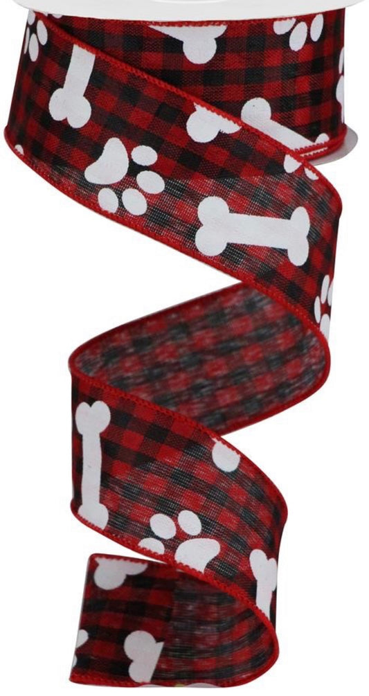 10 Yards - 1.5” Wired Red and Black Check Paw Print Dog Bone Ribbon