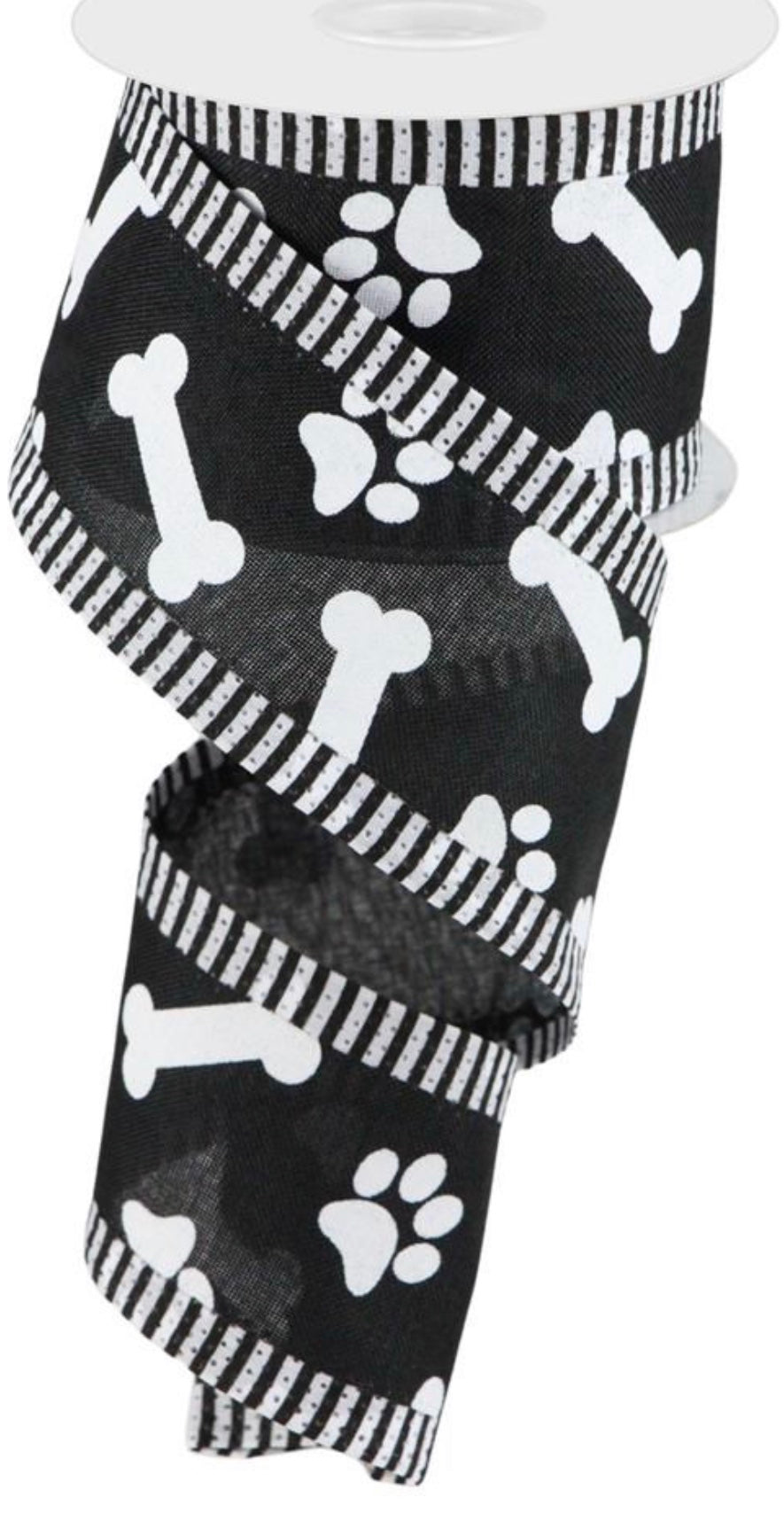 10 Yards - 2.5” Wired Black and White Paw Print Dog Bone Ribbon with Stripe Edge