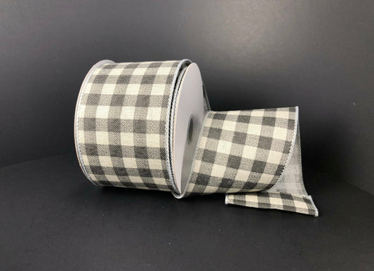 10 Yards - 2.5” Wired Black and Gray Check Ribbon