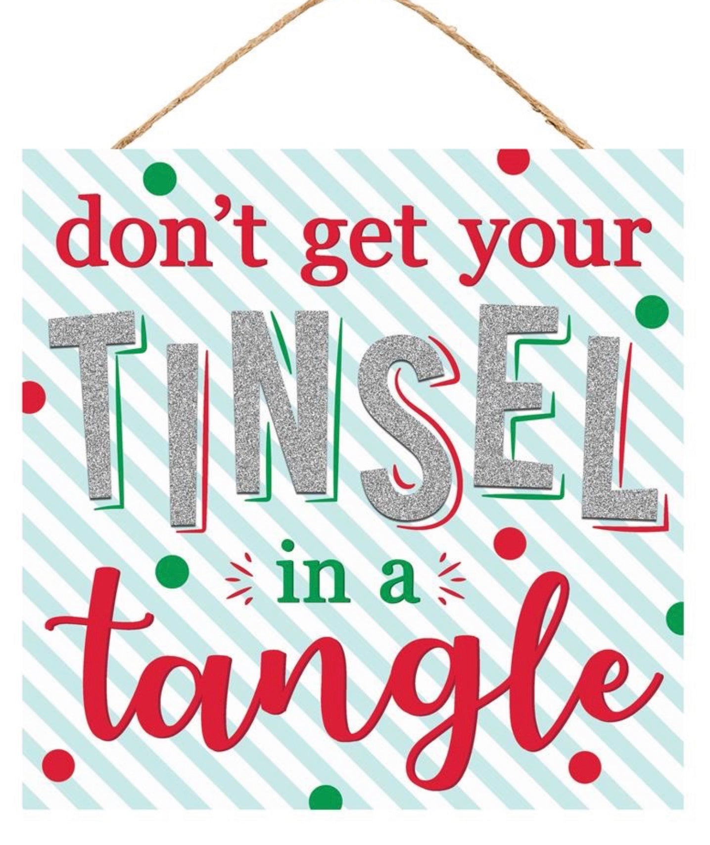 10” Square Tinsel in a Tangle Christmas Wreath Sign with Glitter Accent