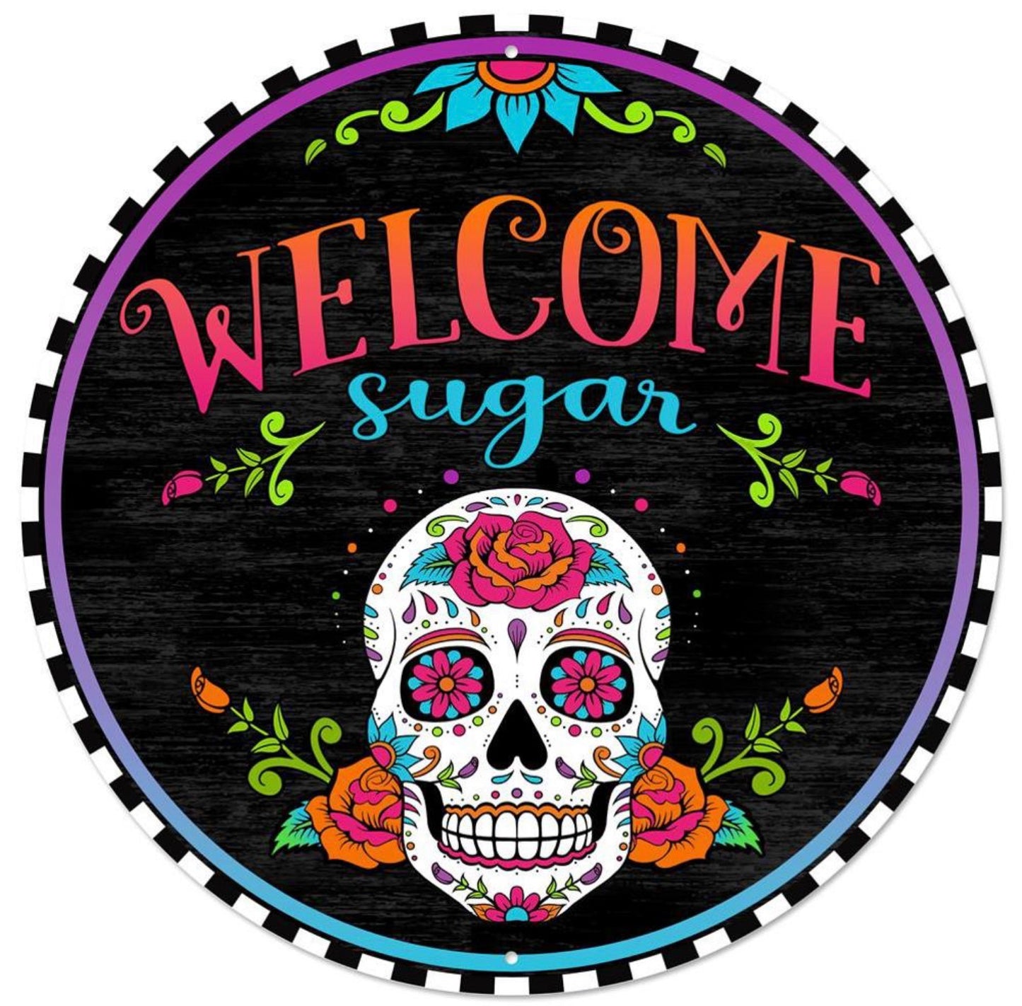 12” Round Metal Welcome Sugar Sugar Skull Halloween Wreath Sign