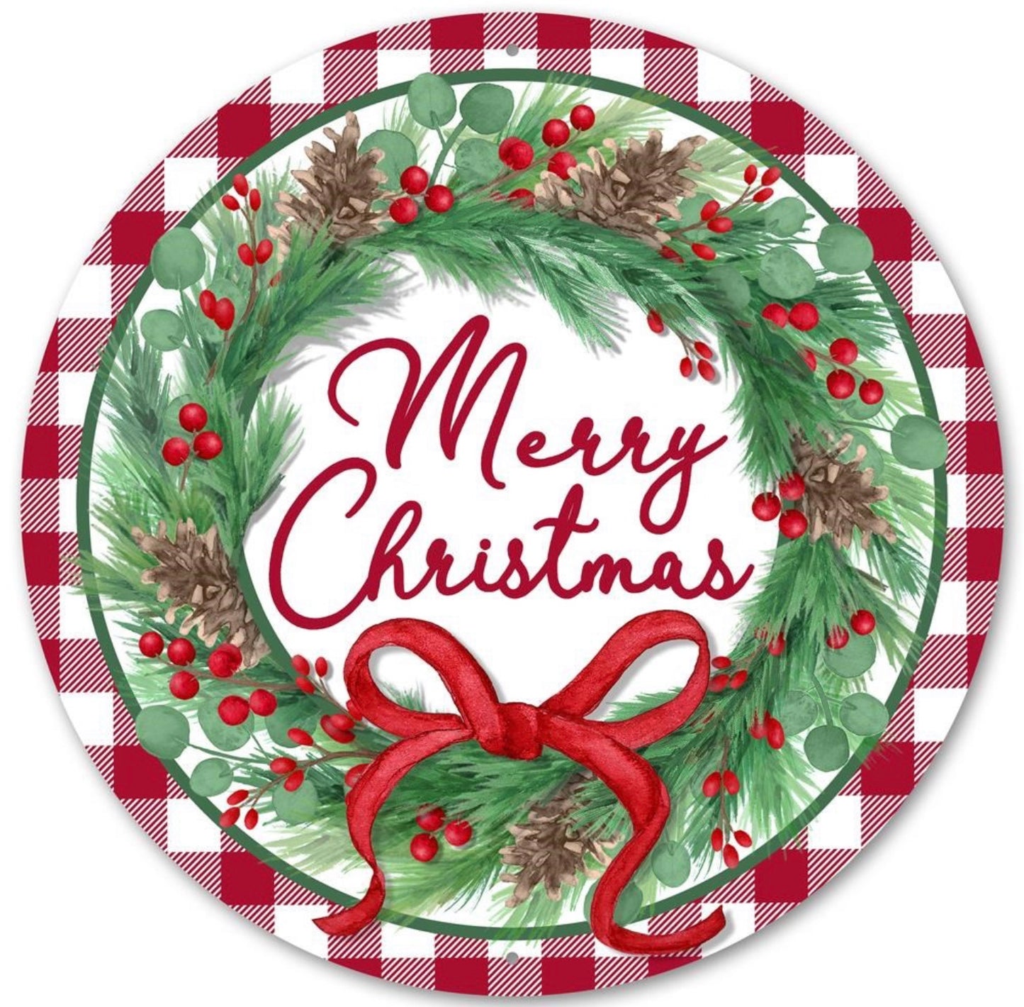 12” Round Metal Merry Christmas Wreath Sign with Red and White Check Accent