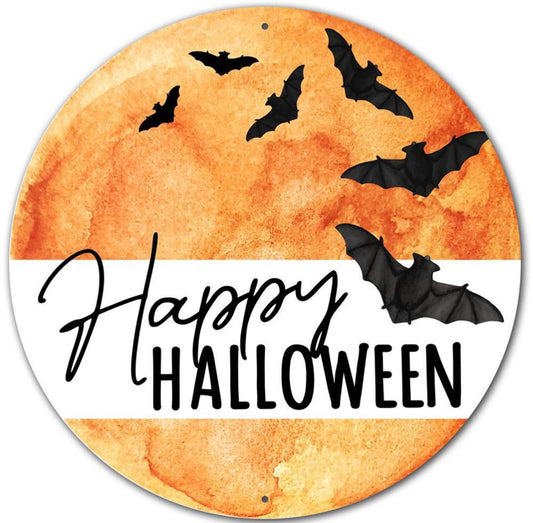 12” Round Metal Happy Halloween Bat Wreath Sign