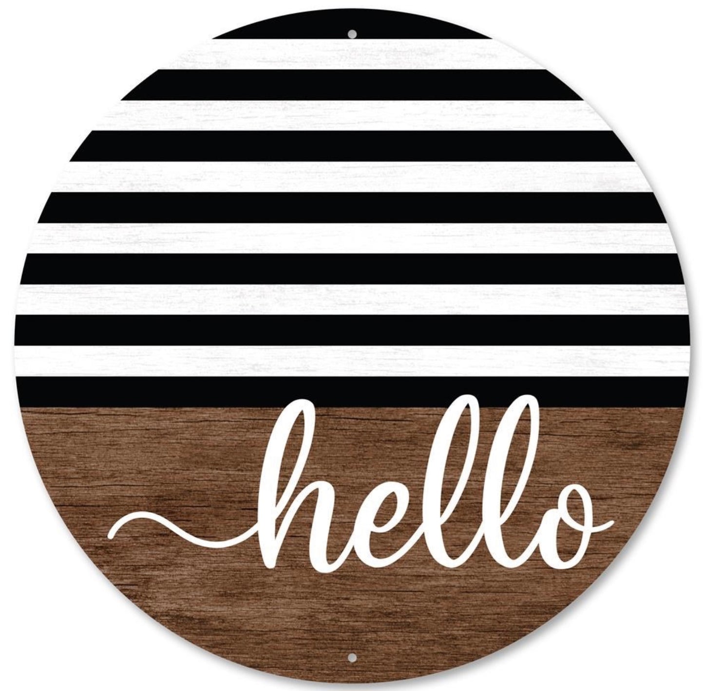 12” Round Metal Black and White Stripe Hello Wreath Sign