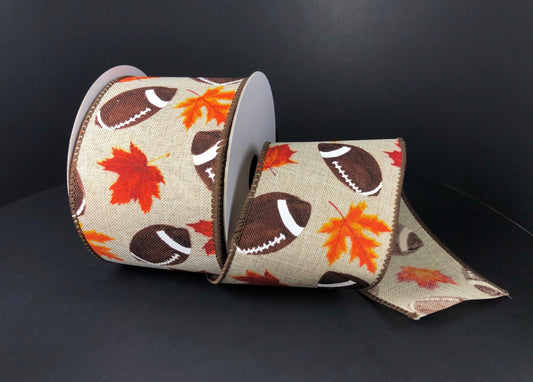 10 Yards - 2.5" Wired Fall Leaves Football Ribbon