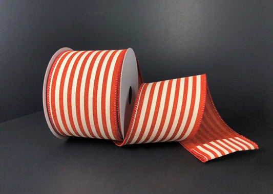 10 Yards - 2.5" Wired Burnt Orange and Cream Stripe Ribbon