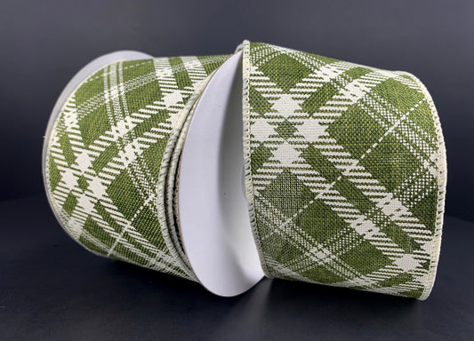 10 Yards - 2.5" Wired Olive Green and Cream Cross Check Ribbon