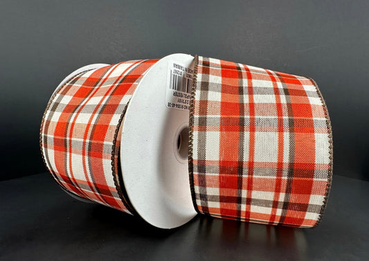 10 Yards - 2.5" Wired Orange, Brown, and Cream Check Fall Ribbon