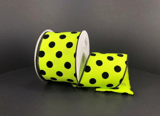 10 Yards - 2.5" Wired Lime Green Ribbon with Black Velvet Polka Dots