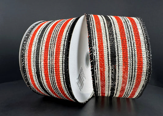 10 Yards - 2.5" Wired Orange, Black, and Cream Stripe Heavy Burlap Halloween Ribbon