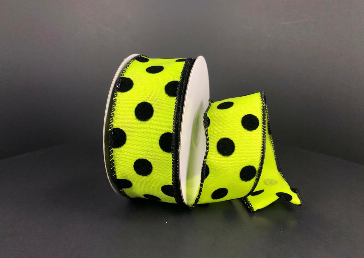 10 Yards - 1.5" Wired Lime Green Ribbon with Black Velvet Polka Dots