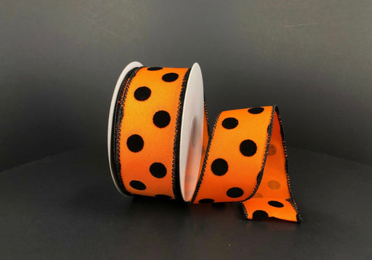 10 Yards - 1.5" Wired Orange Ribbon with Black Velvet Polka Dots