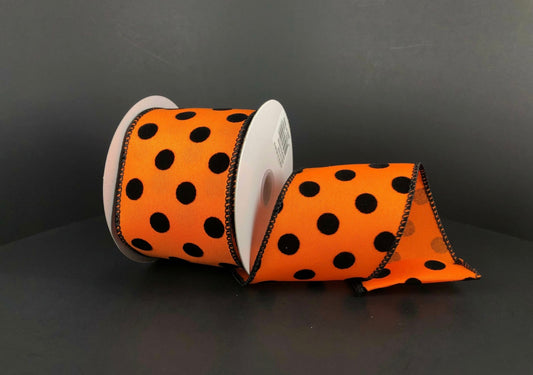 10 Yards - 2.5" Wired Orange Ribbon with Black Velvet Polka Dots