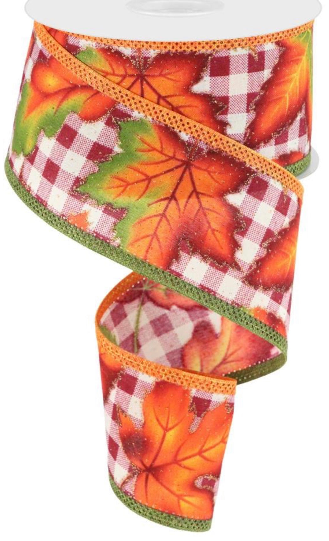 10 Yards - 2.5" Wired Burgundy Gingham Background Fall Leaf Ribbon with Glitter Accent with Green and Orange Edge