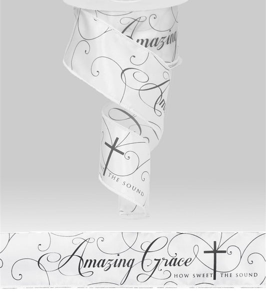 10 Yards - 2.5" Wired Black and White Amazing Grace Religious Ribbon