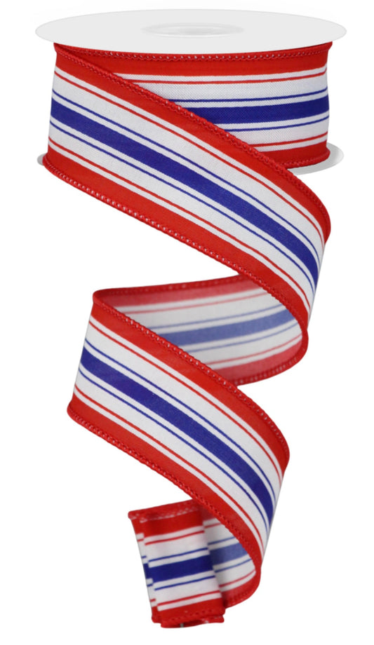 10 Yards - 1.5” Wired Red, White, and Blue Patriotic Stripe Ribbon