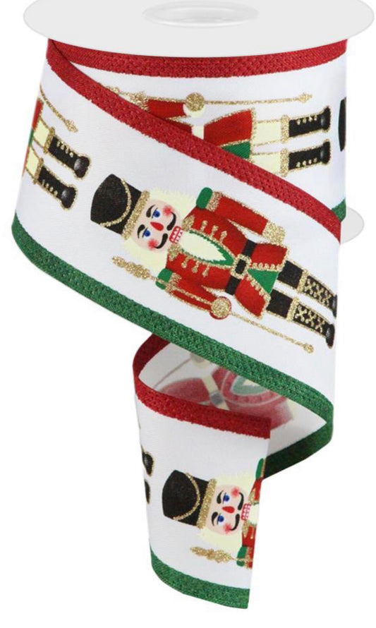 10 Yards - 2.5” Wired Christmas Nutcracker Ribbon with Gold Glitter Accent and Green and Red Edging