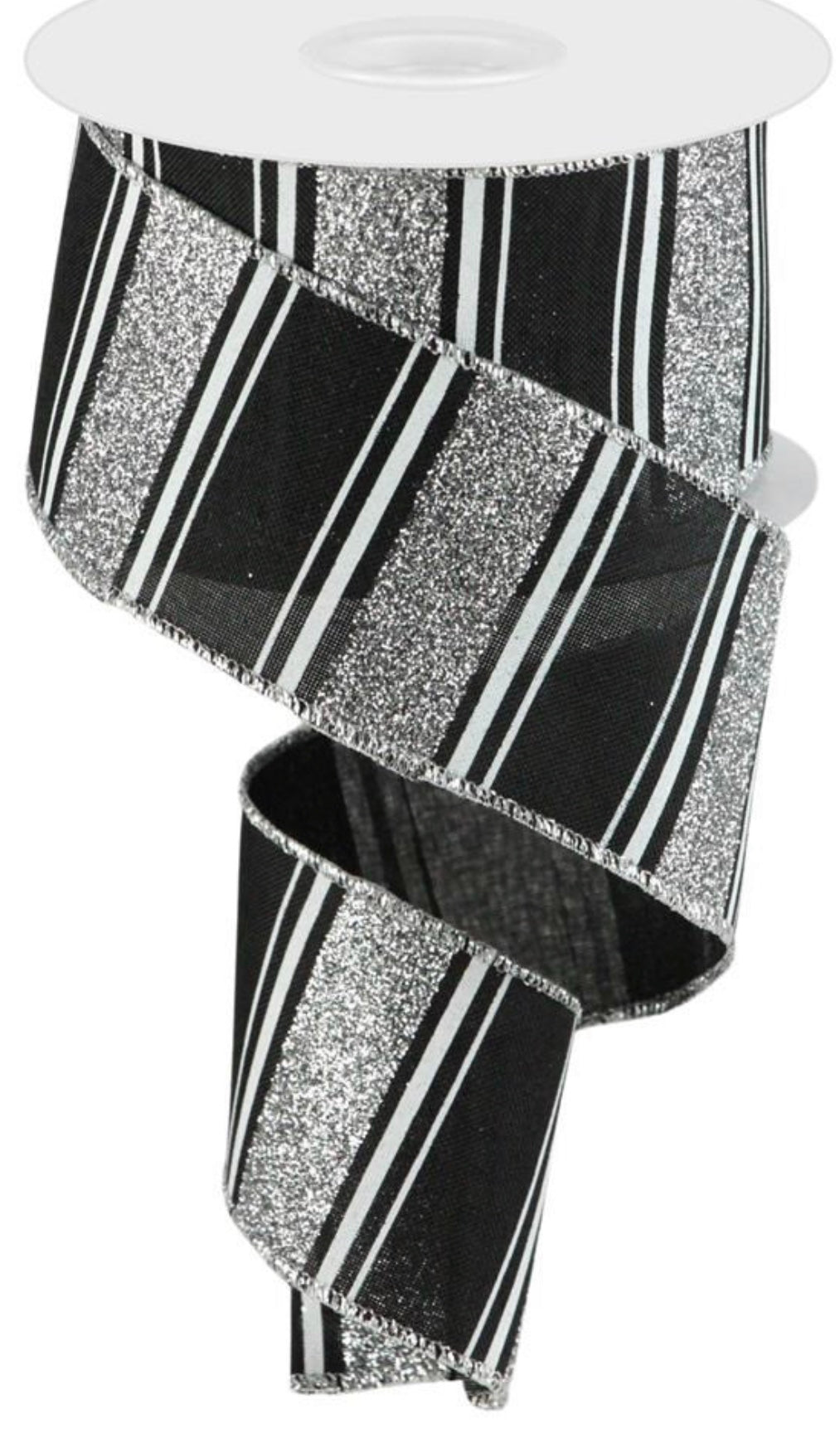 10 Yards - 2.5” Wired Black, Glitter, and Silver Glitter Stripe Ribbon