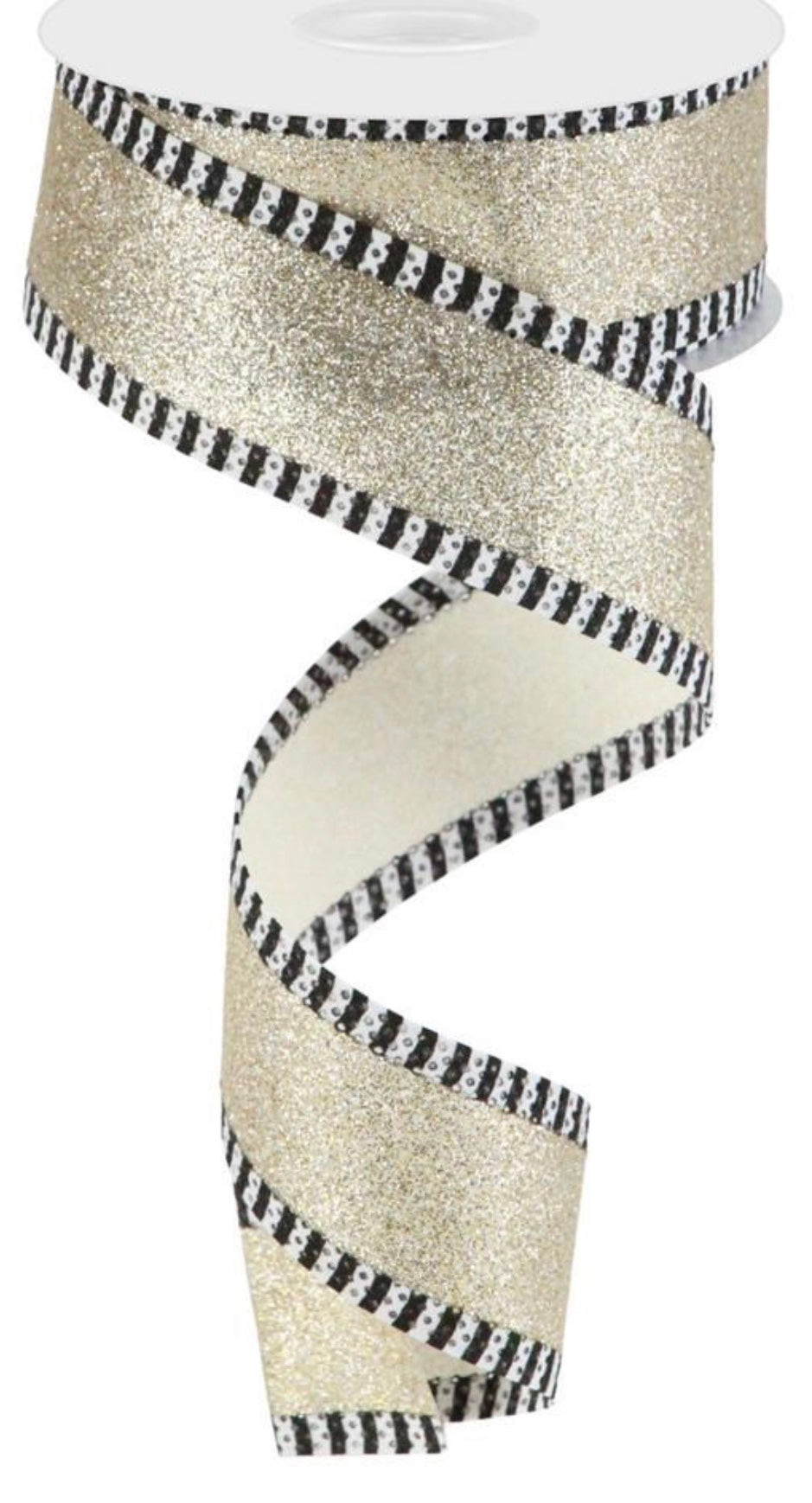 10 Yards - 1.5" Wired Champagne Glitter Ribbon with Black and White Stripe Edge