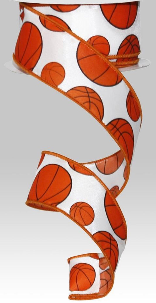 10 Yards - 1.5" Wired Satin Basketball Sports Ribbon