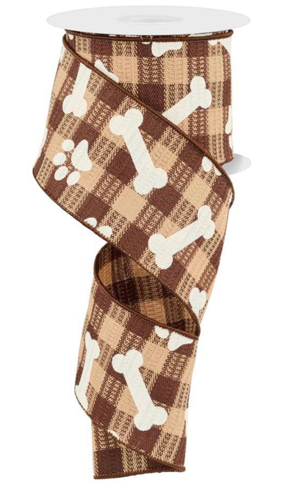 10 Yards - 2.5” Wired Brown, Cream, and Tan Check Dog Bone and Paw Print Ribbon