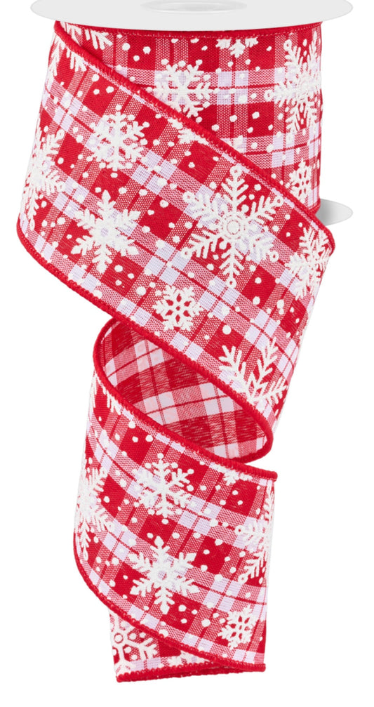 10 Yards - 2.5" Wired Red and White Check Snowflake Ribbon with Glitter Accent