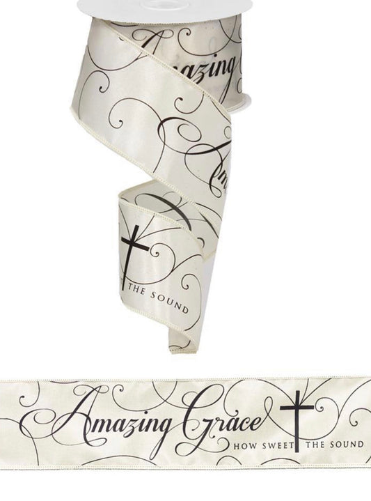 10 Yards - 2.5" Wired Black and Cream Amazing Grace Religious Ribbon