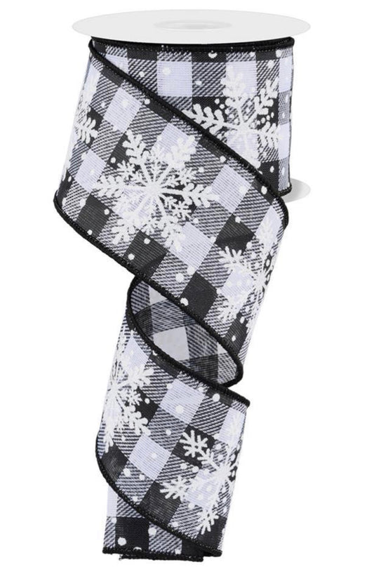 10 Yards - 2.5" Wired Black and White Check Snowflake Ribbon with Glitter Accent