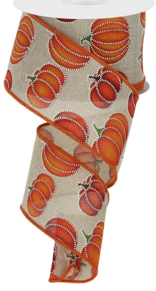 10 Yards - 2.5" Wired Faux Stitched Fall Pumpkin Ribbon