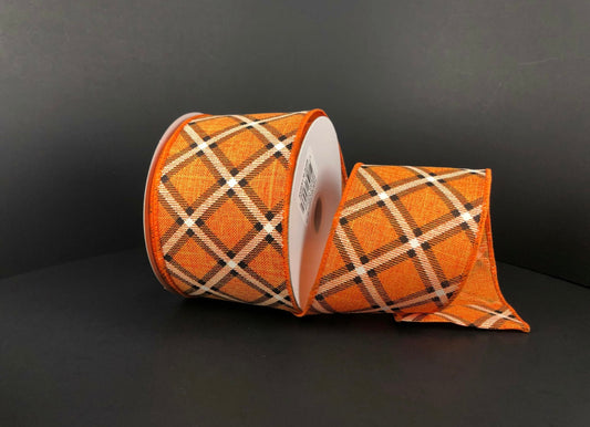10 Yards - 2.5” Wired Orange, White, and Brown Cross Plaid Fall Ribbon