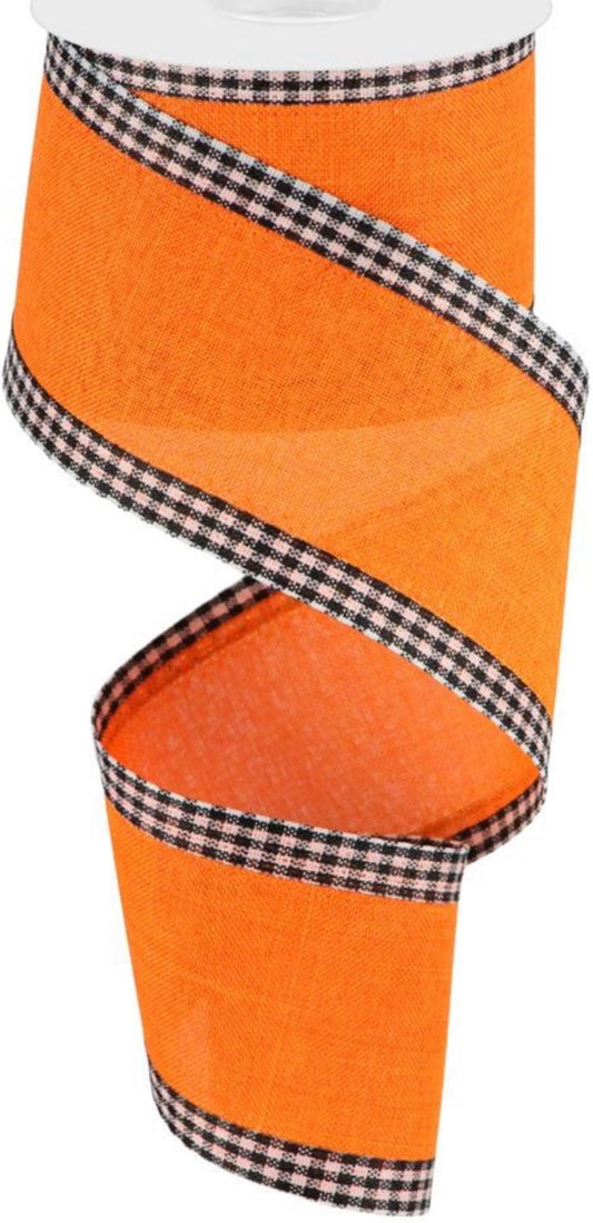 10 Yards - 2.5" Wired Orange Ribbon with Black and White Gingham Check Edge