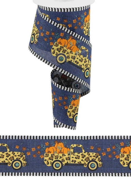 10 Yards - 2.5" Wired Navy Blue Background Cheetah Truck Fall Pumpkin Ribbon with Blue Glitter Accent