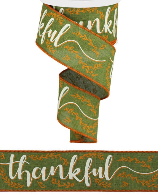 10 Yards - 2.5" Wired Olive Green, Orange, and Cream Thankful Fall Ribbon