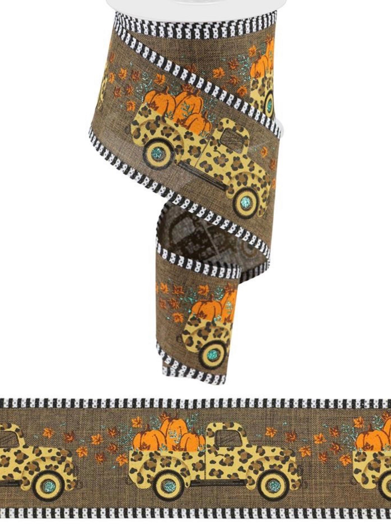 10 Yards - 2.5" Wired Brown Background Cheetah Truck Fall Pumpkin Ribbon with Blue Glitter Accent