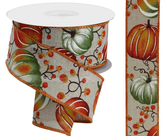 10 Yards - 1.5" Wired Orange and Green Fall Pumpkin Ribbon