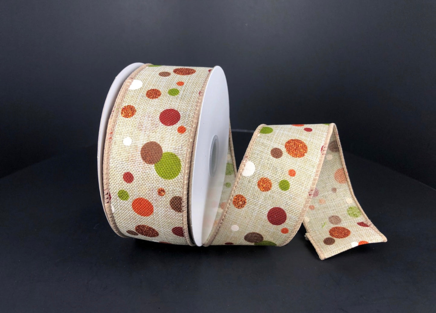 10 Yards - 1.5” Wired Natural Background Fall Polka Dot Ribbon with Glitter Accent