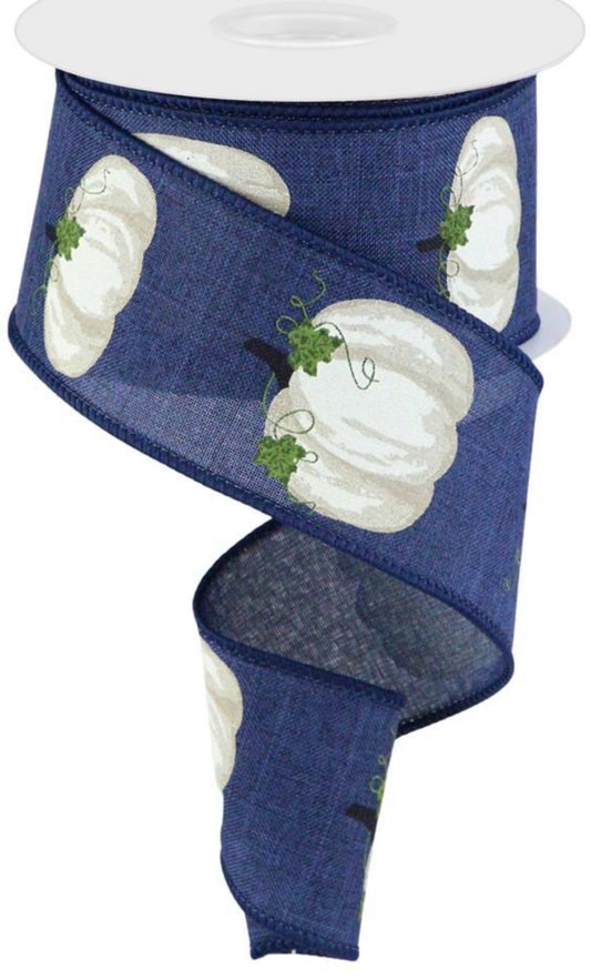 10 Yards - 2.5” Wired Navy Blue with White Pumpkins Ribbon