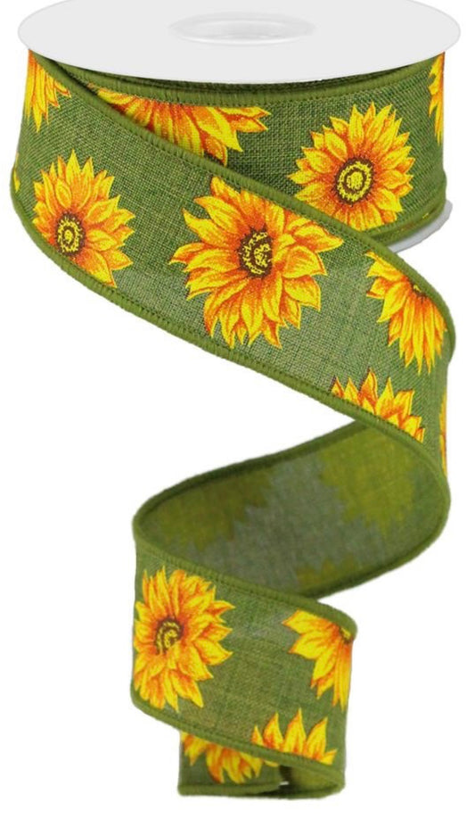 10 Yards - 1.5” Wired Olive Green Fall Sunflower Ribbon