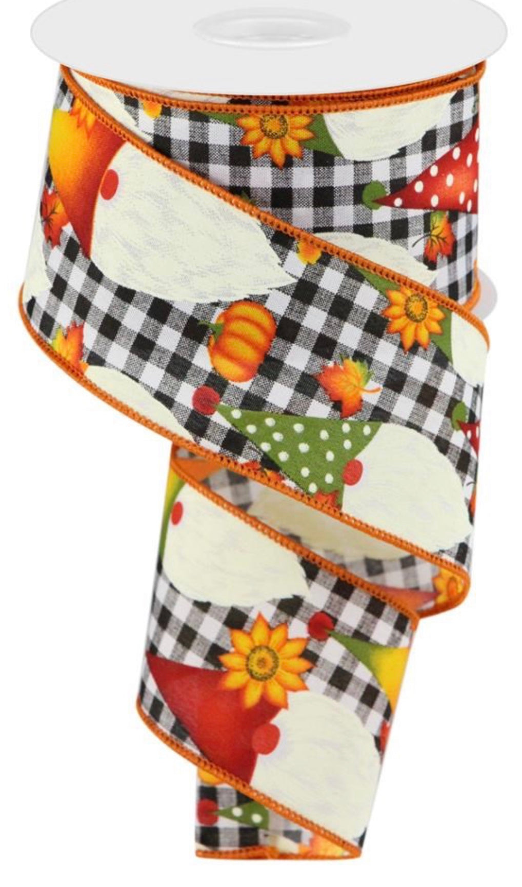 10 Yards - 2.5" Wired Gingham Background Fall Gnome Pumpkin Ribbon